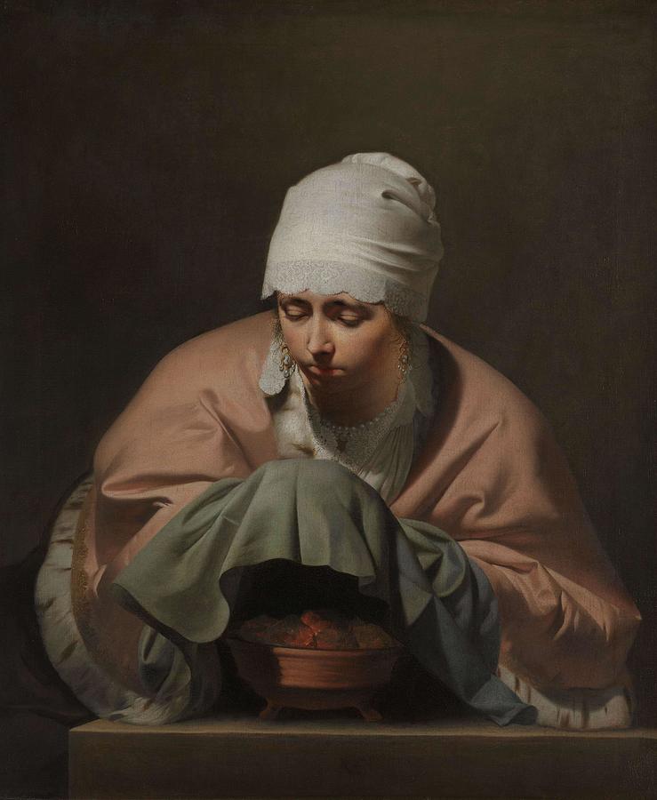 A Young Woman Warming her Hands over a Brazier Allegory of Winter. A young woman, warming her ha... Painting by Caesar Boetius van Everdingen -mentioned on object-