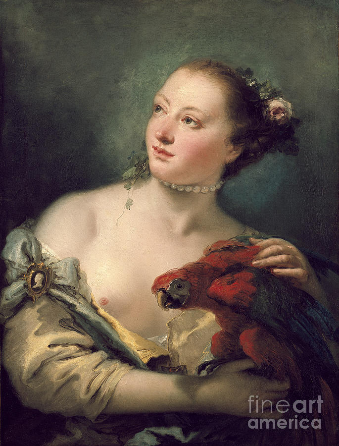 A Young Woman With A Macaw, 18th Century Painting by Giovanni Battista Tiepolo