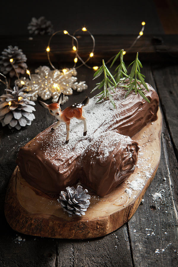 A Yule Log christmas Chocolate Roll On A Wood Slice Photograph by Stacy Grant