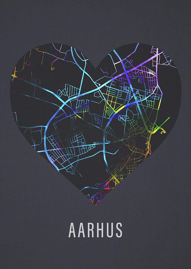 City Mixed Media - Aarhus Denmark City Street Map Heart Love Dark Mode by Design Turnpike