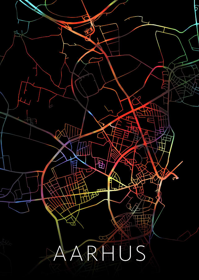 City Mixed Media - Aarhus Denmark Watercolor City Street Map Dark Mode by Design Turnpike