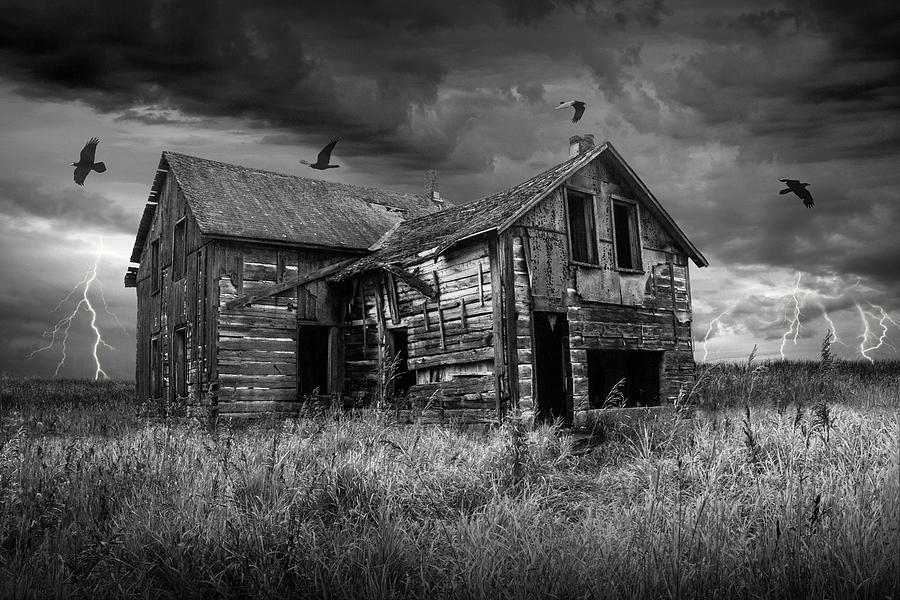 Abandoned Farm House in a Thunder Storm with Black Crows in Black and White Photograph by Randall Nyhof
