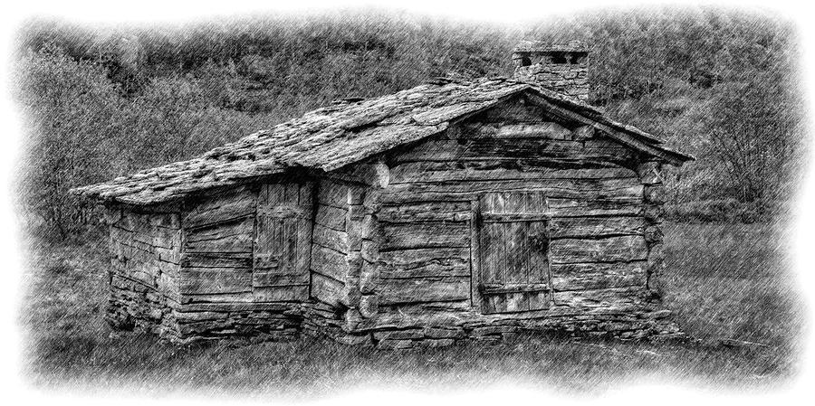 Log Cabin in Pencil with Pine Trees - Easy Pencil Drawing