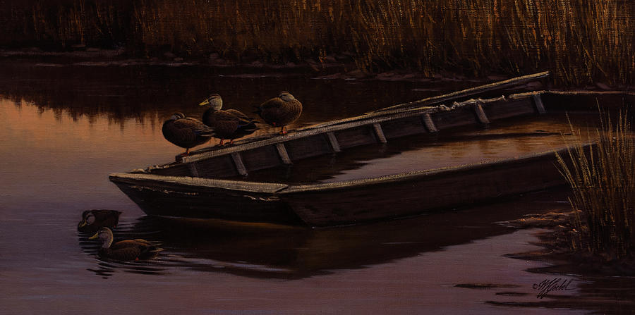 Sunset Painting - Abandoned Skiff - Black Ducks by Wilhelm Goebel