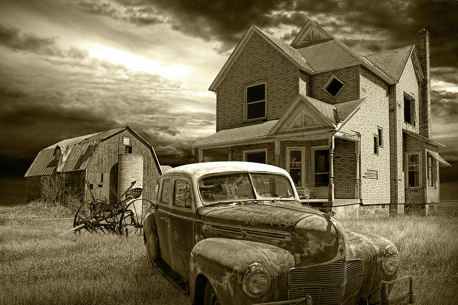 Abandoned Small Farm with Old Vintage Auto in Sepia Tone Photograph by Randall Nyhof