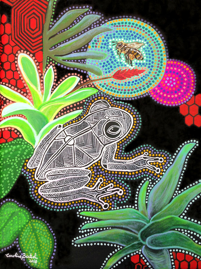 Nature Painting - Aboriginal Frog and Bee by Carolina Bertsch