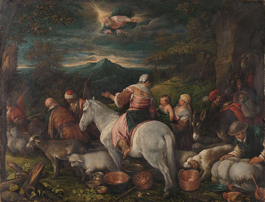 1560 Painting - Abraham Leaves Haran. by Francesco II Bassano -attributed to- Leandro Bassano -rejected attribution-