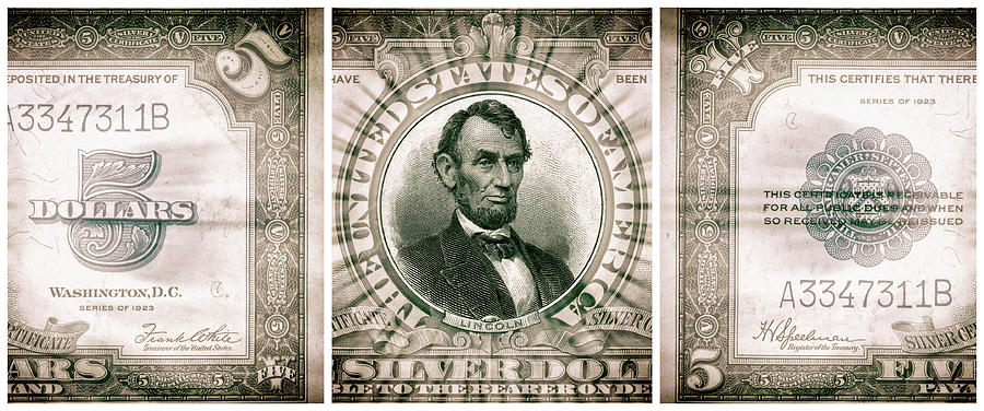 Abraham Lincoln 1923 American Five Dollar Bill Currency Triptych Artwork Digital Art by Shawn OBrien