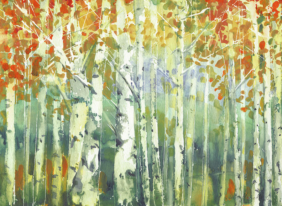 Landscape Painting - Abstract Birch Trees Warm by Marietta Cohen Art And Design