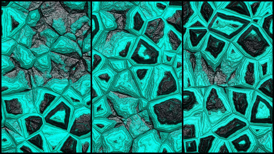 Abstract Blue Green Stone Wall Triptych Digital Art by Don Northup