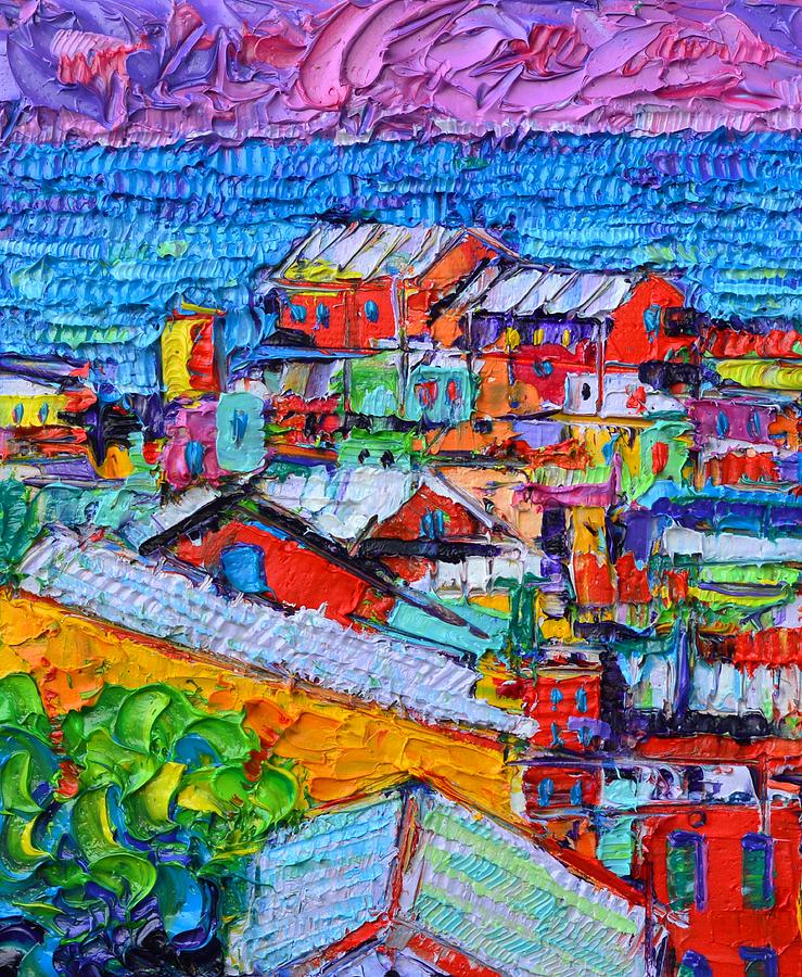 ABSTRACT CINQUE TERRE ITALY COLORFUL HOUSES modern impressionism impasto textural knife oil painting Painting by Ana Maria Edulescu