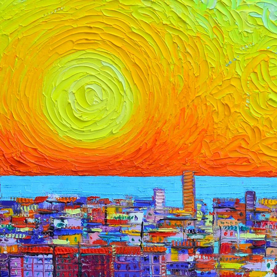 ABSTRACT CITY PATTERNS AT SUNRISE textural impressionist impasto knife cityscape Ana Maria Edulescu Painting by Ana Maria Edulescu