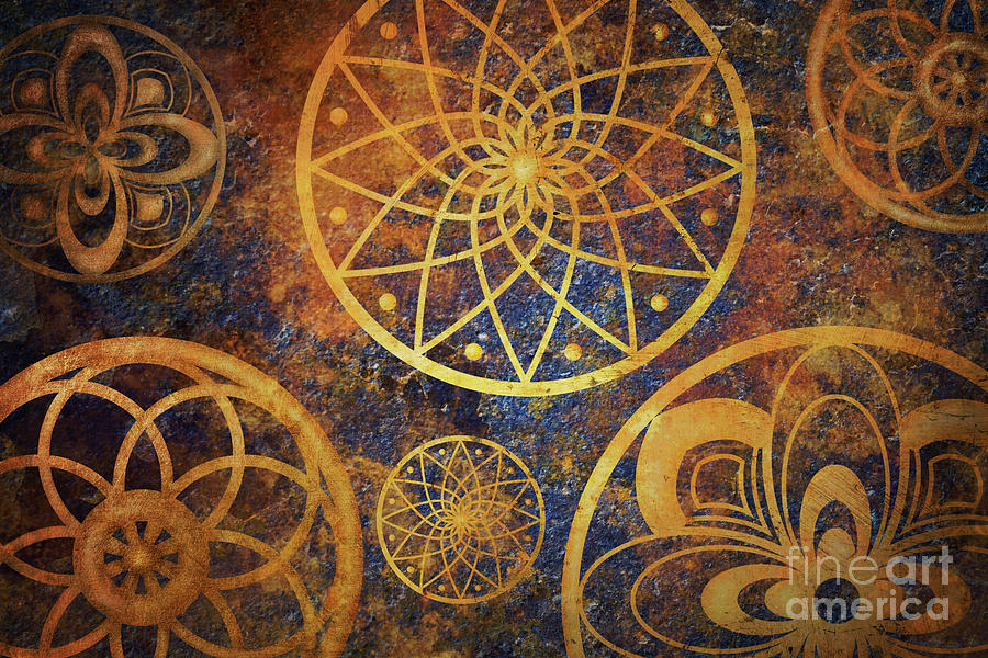 Abstract fantasy space with golden circle pattern. Art wallpaper Digital Art by Jelena Jovanovic