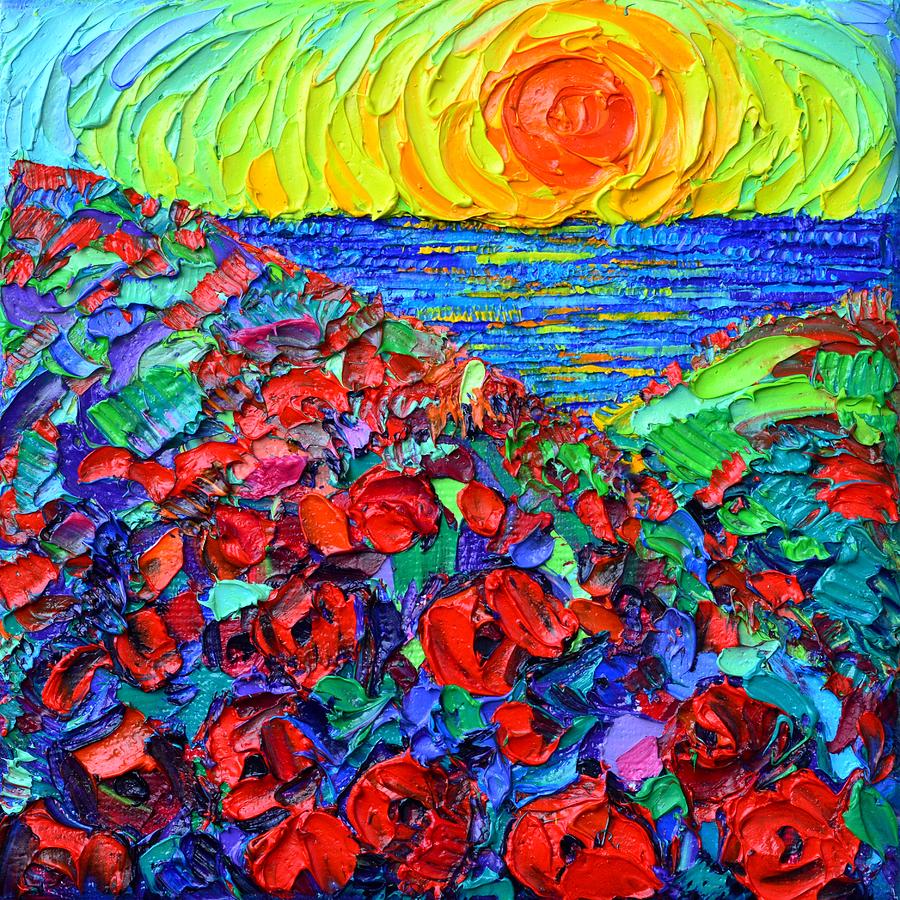 Abstract Landscape Poppies By The Sea At Sunrise Painting by Ana Maria Edulescu