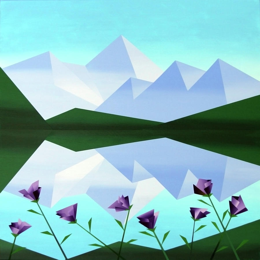 Abstract Mountain Lake with Purple Flowers Painting by Mark Webster