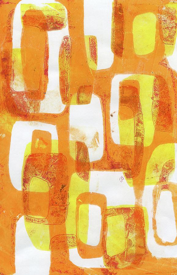 Abstract Orange Mod Mid Century Modern Gelli Painting by Jane Linders