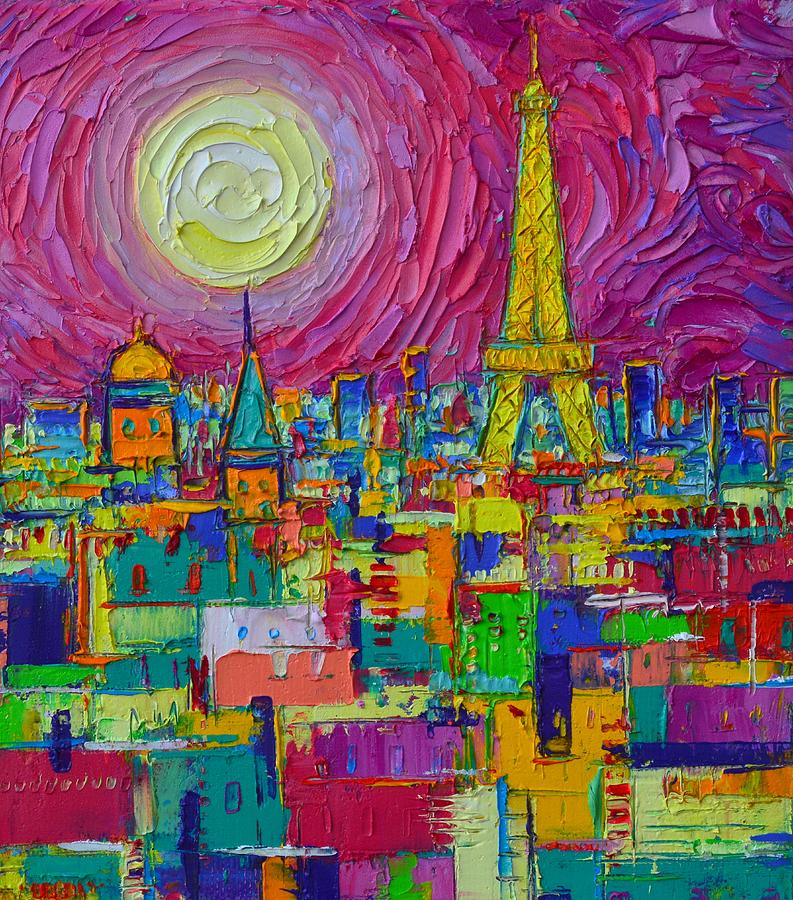 ABSTRACT PARIS COLORFUL NIGHT BY FULL MOON textural impressionist knife painting Ana Maria Edulescu Painting by Ana Maria Edulescu