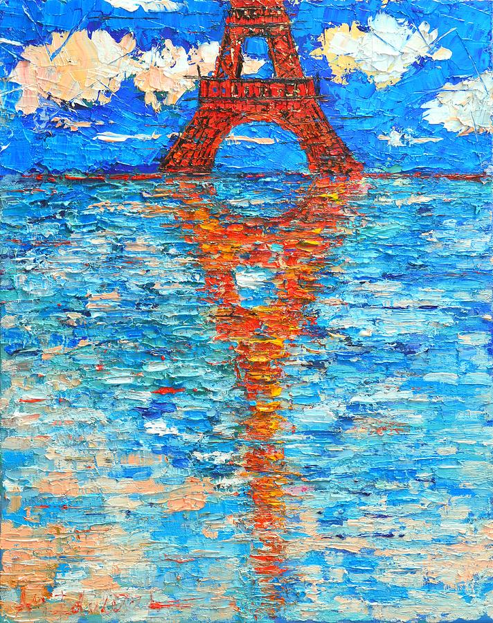 ABSTRACT PARIS EIFFEL TOWER REFLECTIONS textured palette knife oil painting by Ana Maria Edulescu Painting by Ana Maria Edulescu