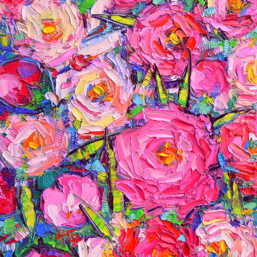 ABSTRACT PINK PEONIES 7 textural impressionist flowers impasto knife oil painting Ana Maria Edulescu Painting by Ana Maria Edulescu