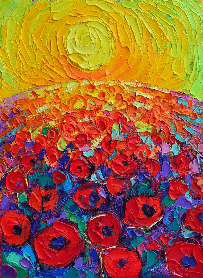 ABSTRACT ROUND POPPIES FIELD AT SUNRISE textural impressionist impasto palette knife oil painting Painting by Ana Maria Edulescu