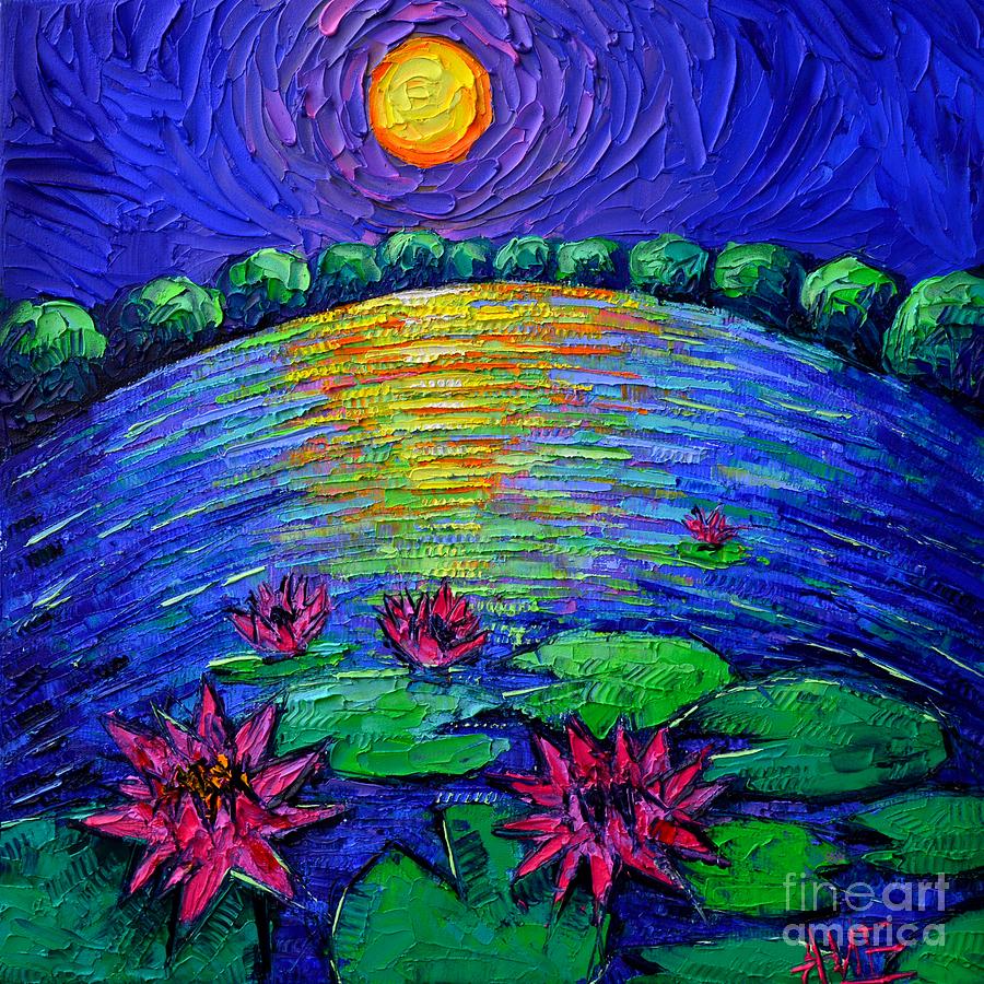 Abstract Round Waterlilies Pond By Moonlight Painting by Ana Maria Edulescu