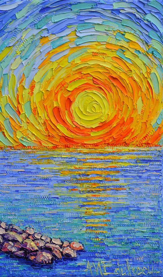 ABSTRACT SEA SUNRISE REFLECTIONS modern impressionist impasto knife oil painting Ana Maria Edulescu Painting by Ana Maria Edulescu