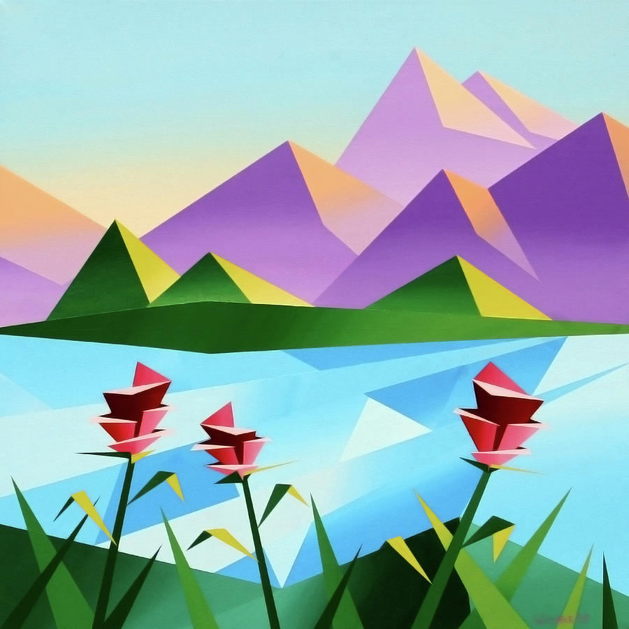 Abstract Sunrise at the Mountain Lake 2 Painting by Mark Webster