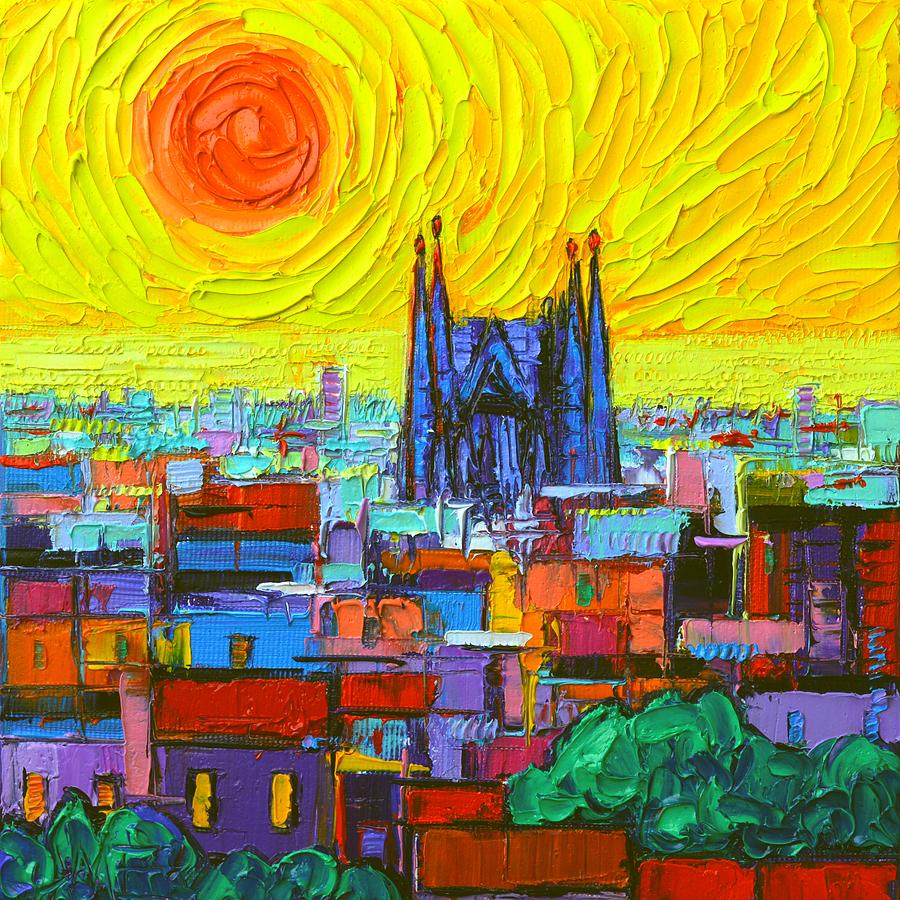 Abstract Sunrise Over Sagrada Familia From Park Guell In Barcelona Painting by Ana Maria Edulescu