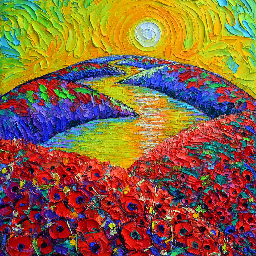 ABSTRACT TUSCANY POPPIES AT SUNRISE textural impasto palette knife oil painting Ana Maria Edulescu Painting by Ana Maria Edulescu