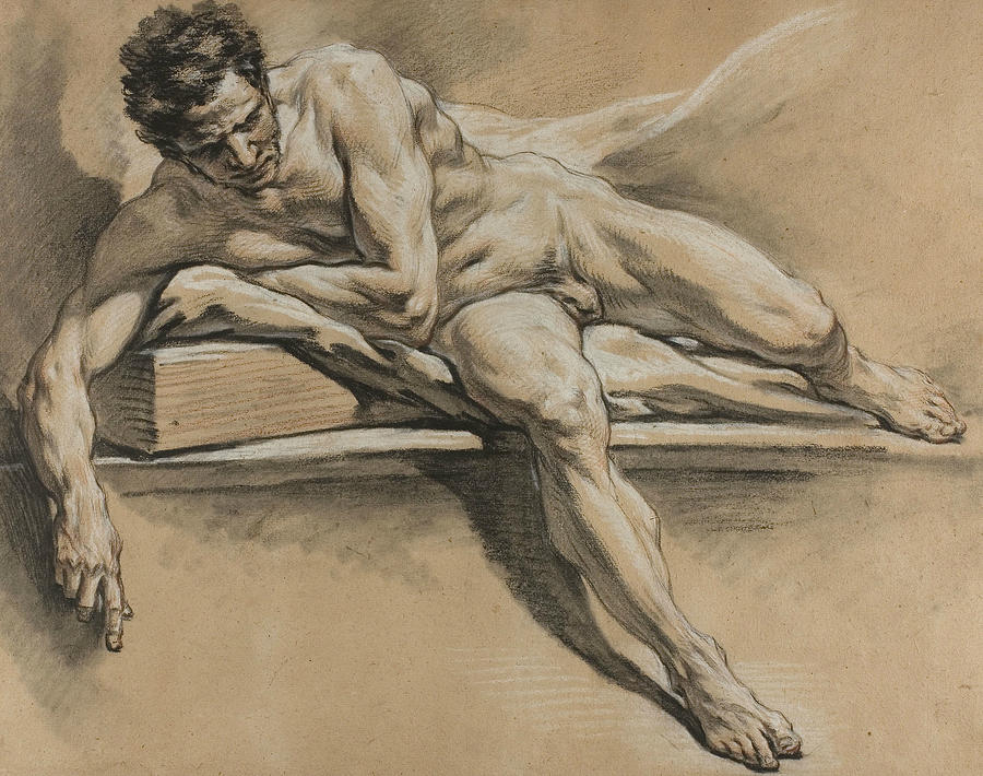 Academic Study of a Reclining Male Nude Drawing by Francois Boucher