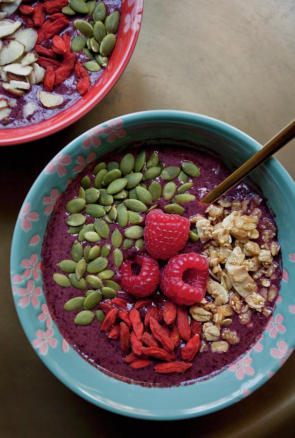 Acai Smoothie In Bowls With Various Toppings Photograph by Ryla ...