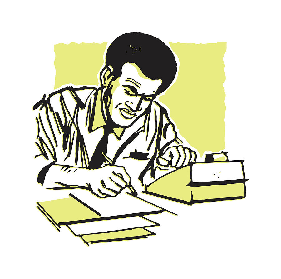 Vintage Drawing - Accountant at Desk with Documents and Adding Machine by CSA Images