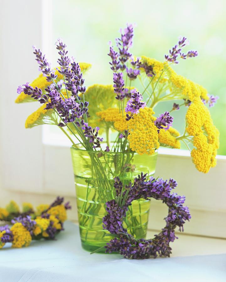 Achillea And Lavender In Green Vase Photograph by Friedrich Strauss