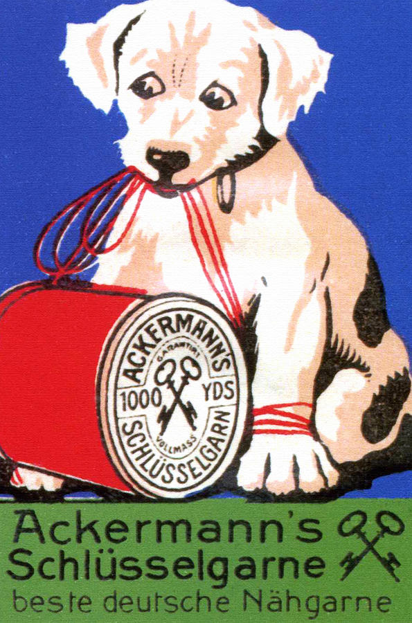 Ackermann Thread advertisement with a large spool and a puppy Painting by 