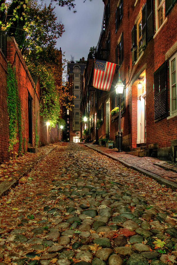 Acorn Street at Night - Boston Photograph by Joann Vitali
