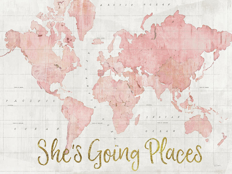 Map Painting - Across The World Shes Going Places Pink Crop by Sue Schlabach