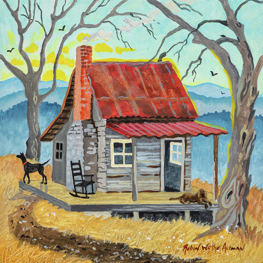 Acrylic Painting Of Appalachian Cabin And Mountains Digital Art
