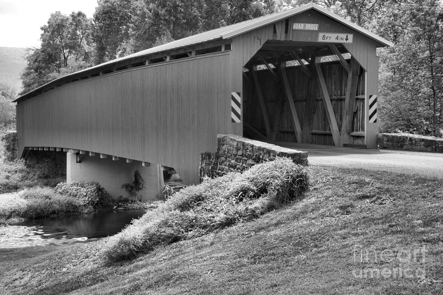 Adair Covered Bridge Over Sherman Creek Black And White Photograph by Adam Jewell