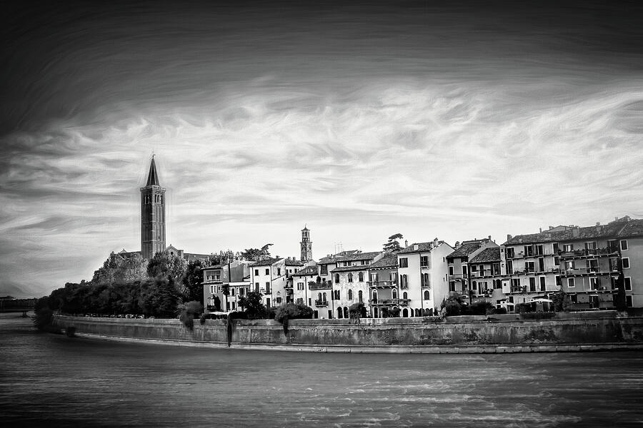 Adige River And Historic Old Town Verona Italy Black And White Photograph