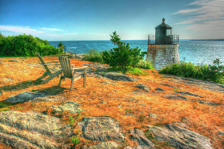 Lighthouse Photograph - Adirondack Chairs And Lighthouse by Robert Goldwitz