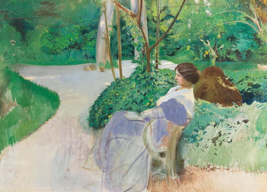 Summer Painting - Adolf Hiremy Hirschl Timisoara 1860-1933 Rome The artists wife in a park by Adolf Hiremy Hirschl