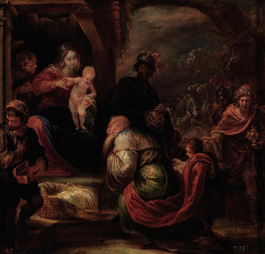 Adoration of the Magi, ca. 1670, Spanish School, Canvas, 54 cm x 57 cm, P01129. Painting by Francisco Rizi -1614-1685-