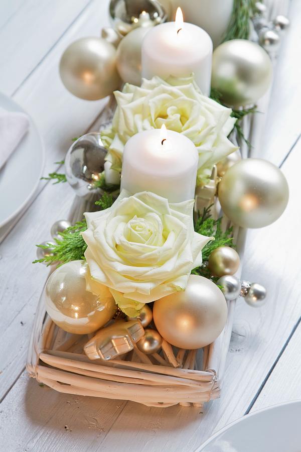 Advent Arrangement Of White Candles And Roses Photograph by Catja Vedder