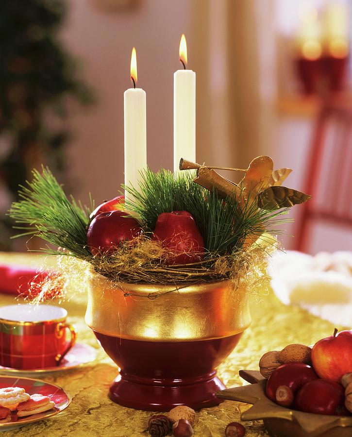 Advent Arrangement With Apples, Twigs And Candles Photograph by Friedrich Strauss