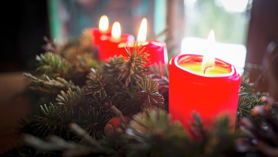 Advent Arrangement With Lit Candles Photograph by Eising Studio - Food Photo & Video