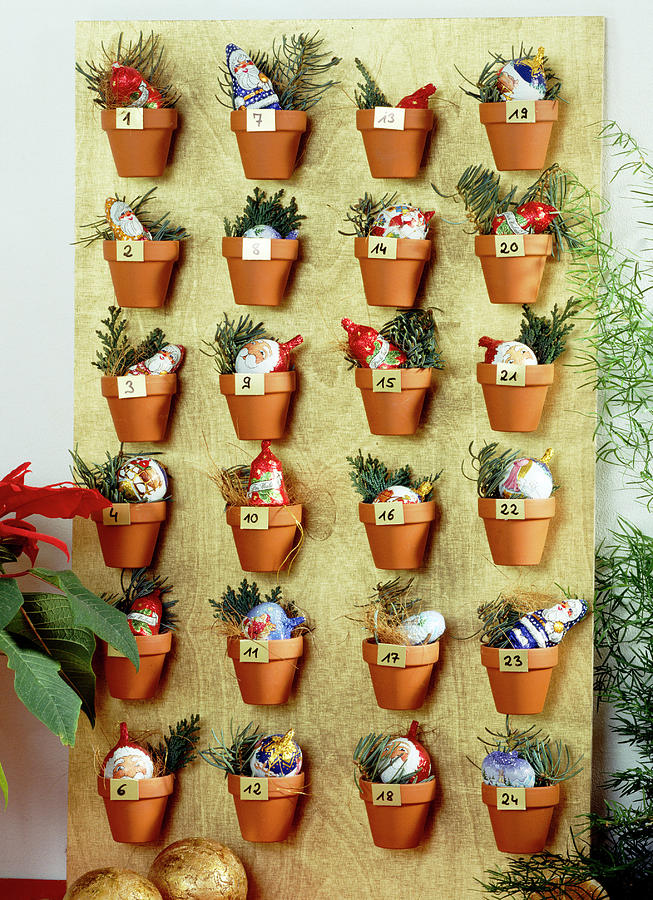 Advent Calendar With Clay Pot Wooden Board Stuck With Clay Pots