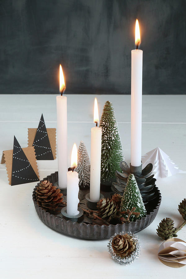 Advent Wreath Made From Miniature Christmas Trees In Metal Flan Tin Photograph by Regina Hippel