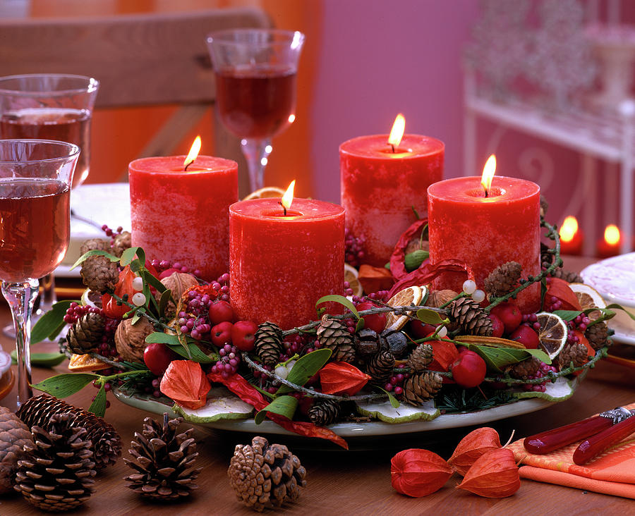Advent Wreath With Cones, Branches And Red Candles Photograph by Friedrich Strauss