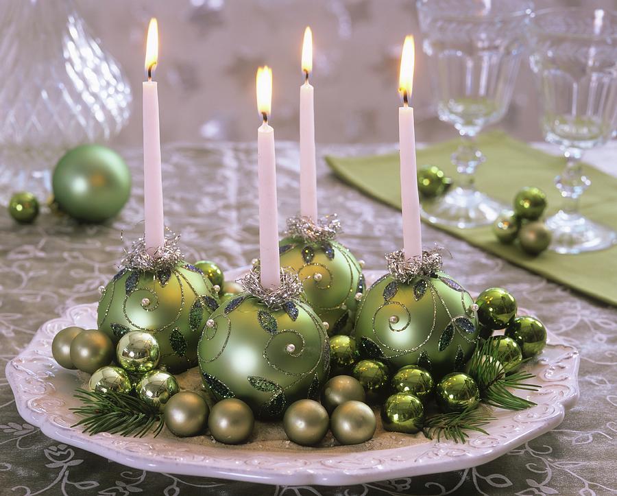 Advent Wreath With Green Baubles As Candle Holders Photograph by Friedrich Strauss