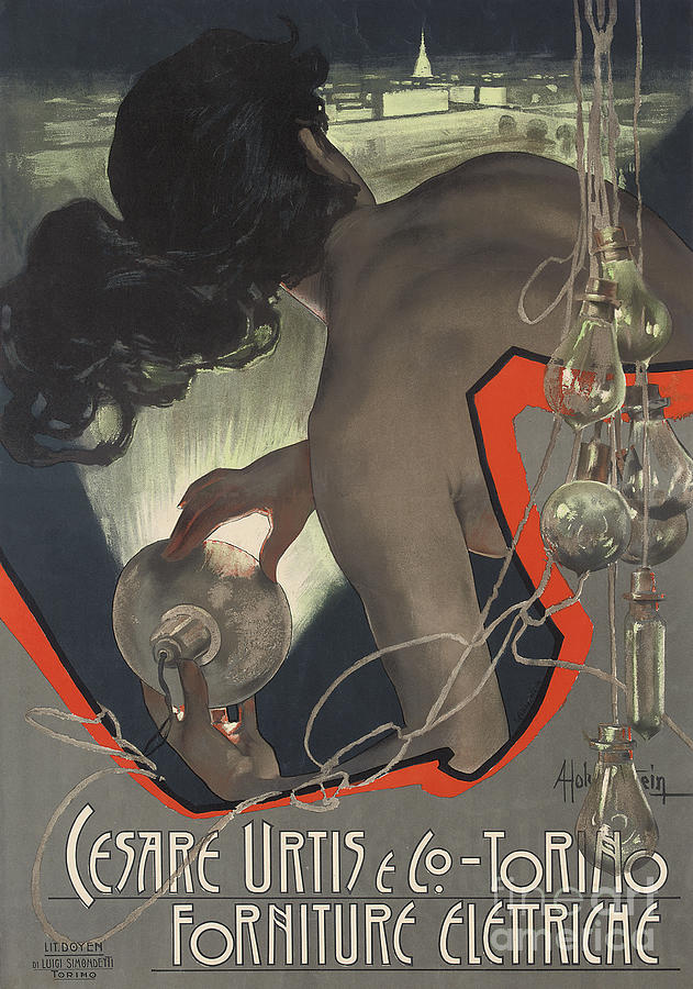 Advertising poster produced for the Italian lighting supply firm Cesare Urtis and Co of Turin Painting by Adolfo Hohenstein